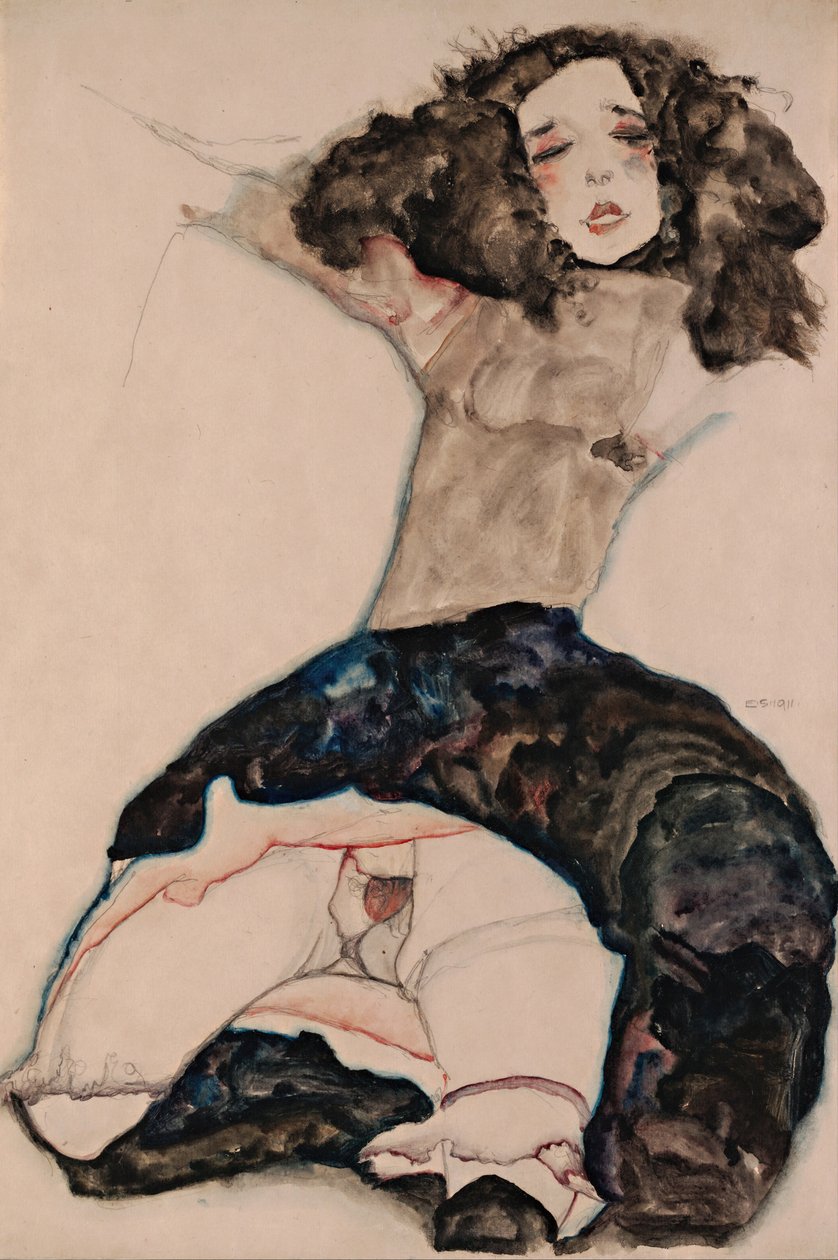 Fille aux cheveux noirs avec jupe relevée, 1911 - Egon Schiele