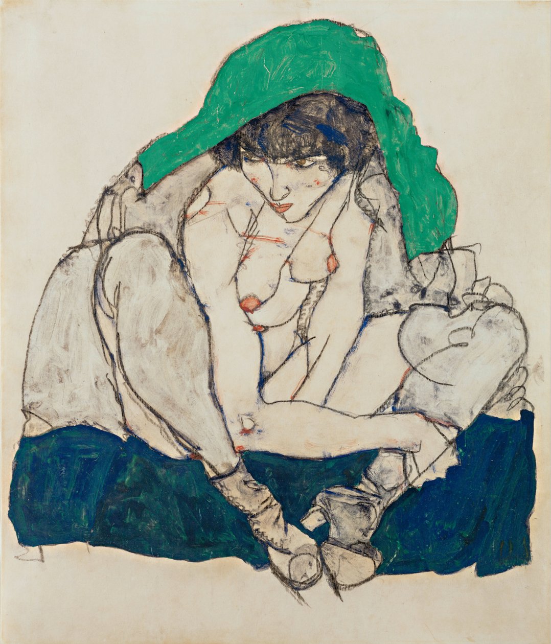 Femme accroupie avec foulard vert, 1914 - Egon Schiele
