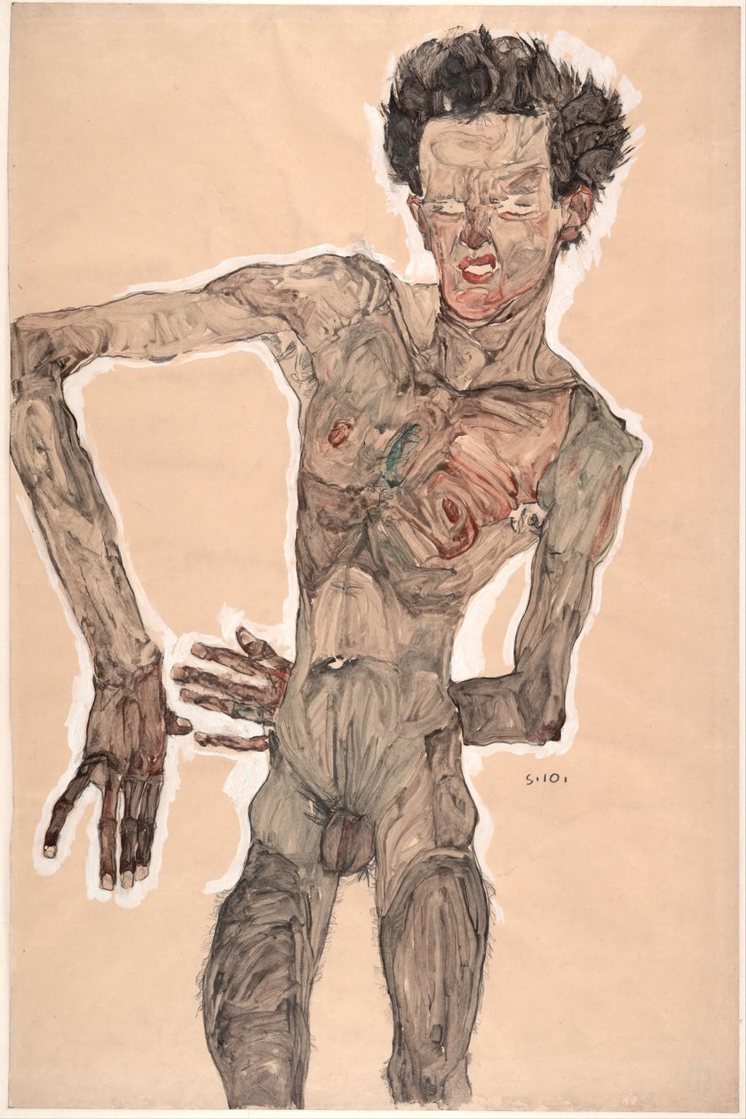 Autoportrait nu, grimaçant, 1910 - Egon Schiele