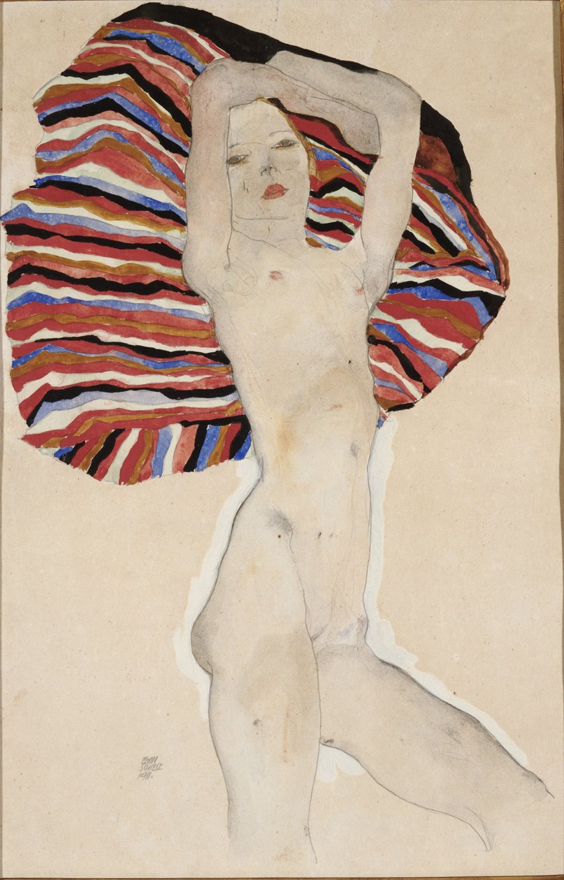 Nu contre un matériau coloré, 1911 - Egon Schiele