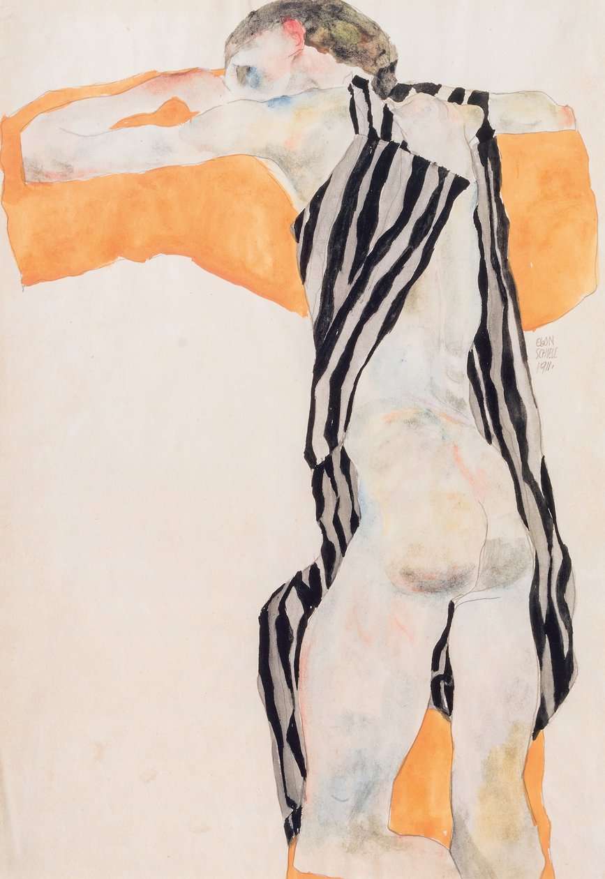Jeune fille nue allongée en blouse rayée, 1911 - Egon Schiele