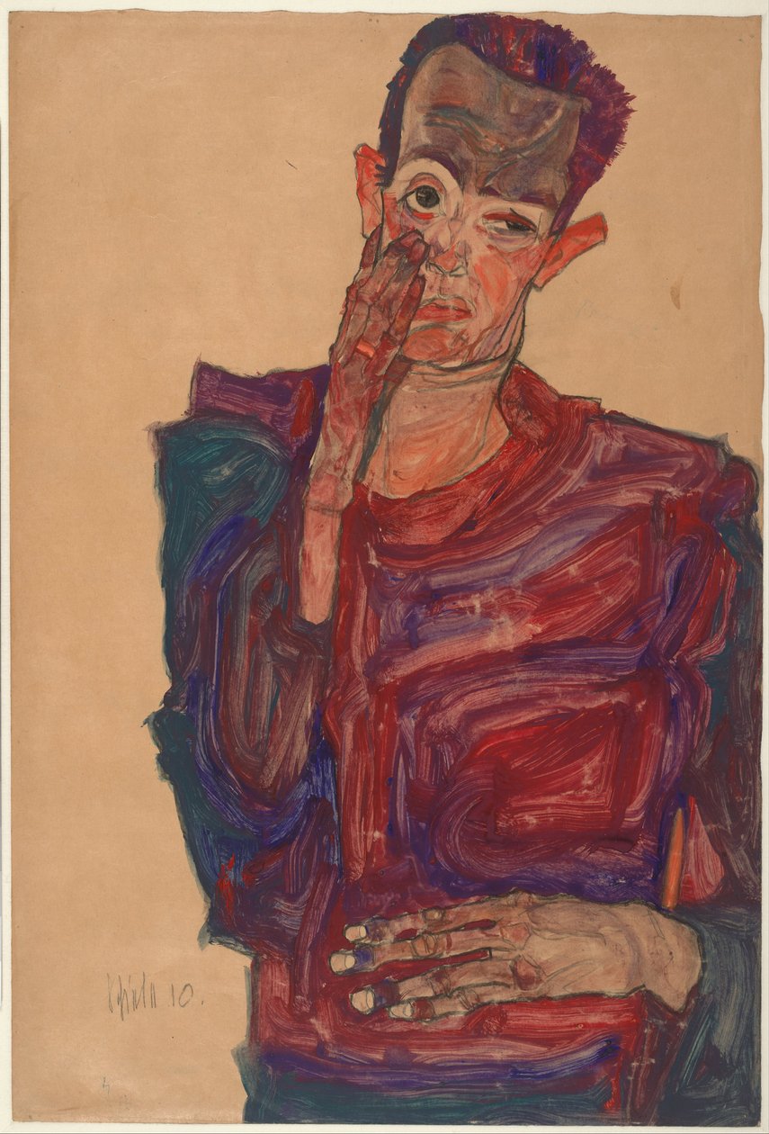 Autoportrait avec la paupière tirée vers le bas, 1910 - Egon Schiele