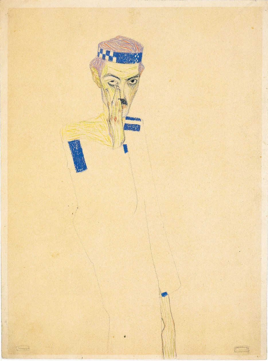 Autoportrait avec bandeau à carreaux bleus, 1909 - Egon Schiele
