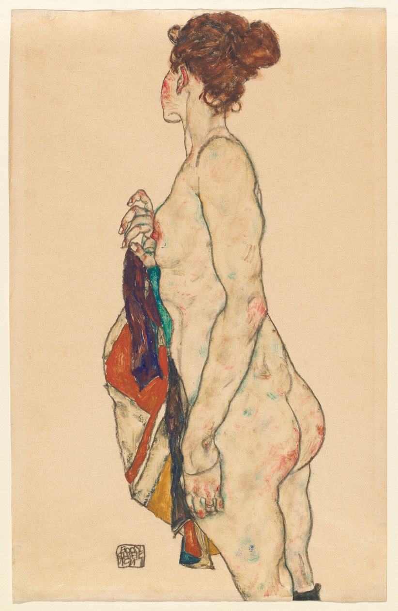 Nu debout avec une robe à motifs - Egon Schiele