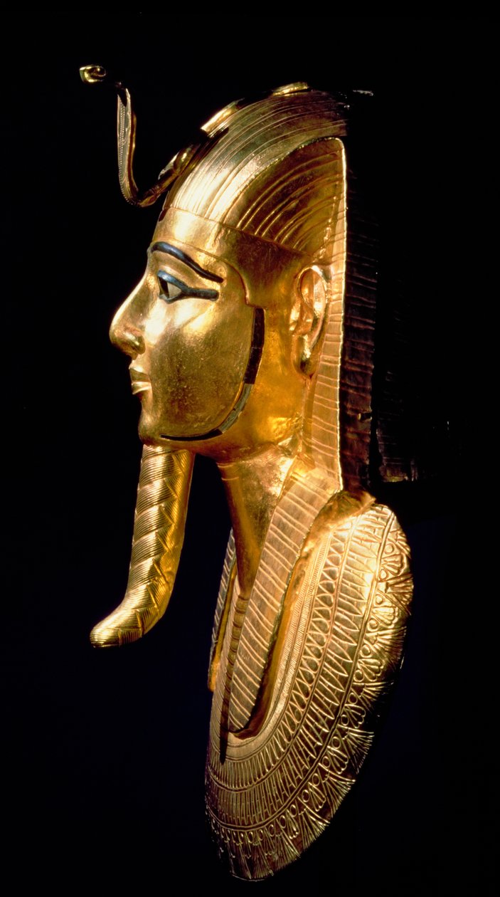 Masque funéraire de Psousennès Ier (c.1039-991 av. J.-C.) Troisième Période Intermédiaire (or incrusté de lapis-lazuli et de verre noir et blanc) - Egyptian 21st Dynasty