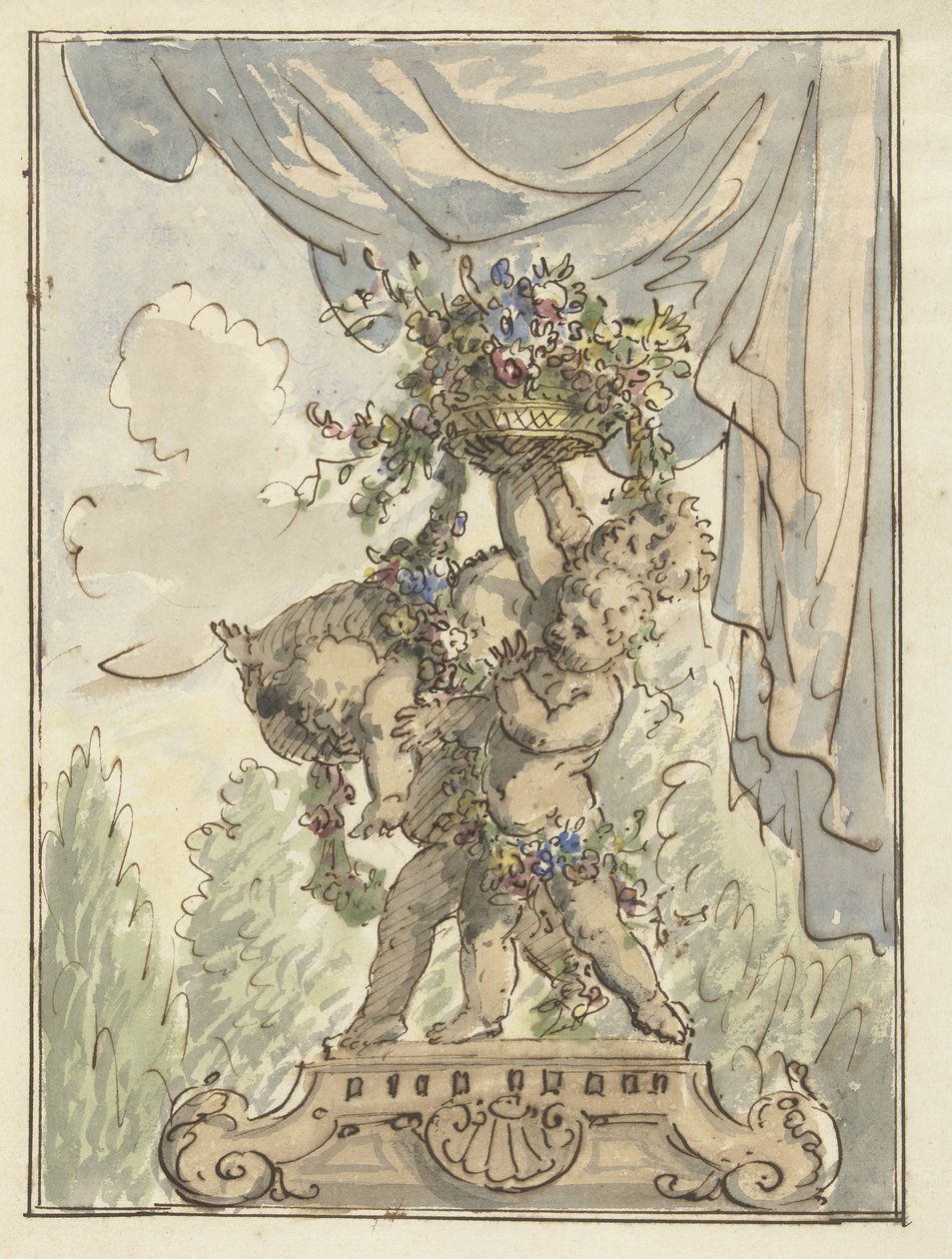 Trois putti avec un panier de fleurs - Elias van Nijmegen