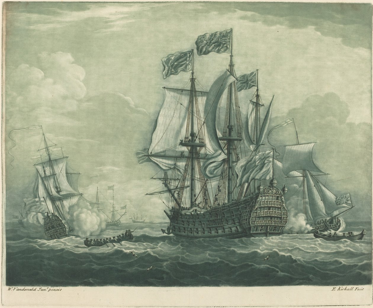 Scène de navigation avec un vaisseau de guerre, années 1720 - Elisha Kirkall