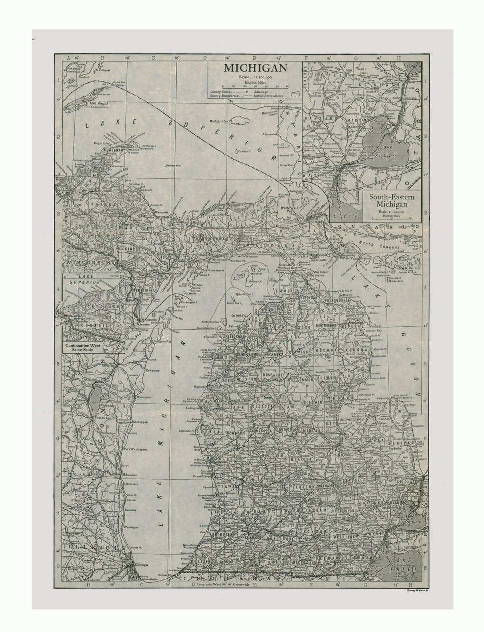 Carte du Michigan, USA, vers 1900 - Emery Walker