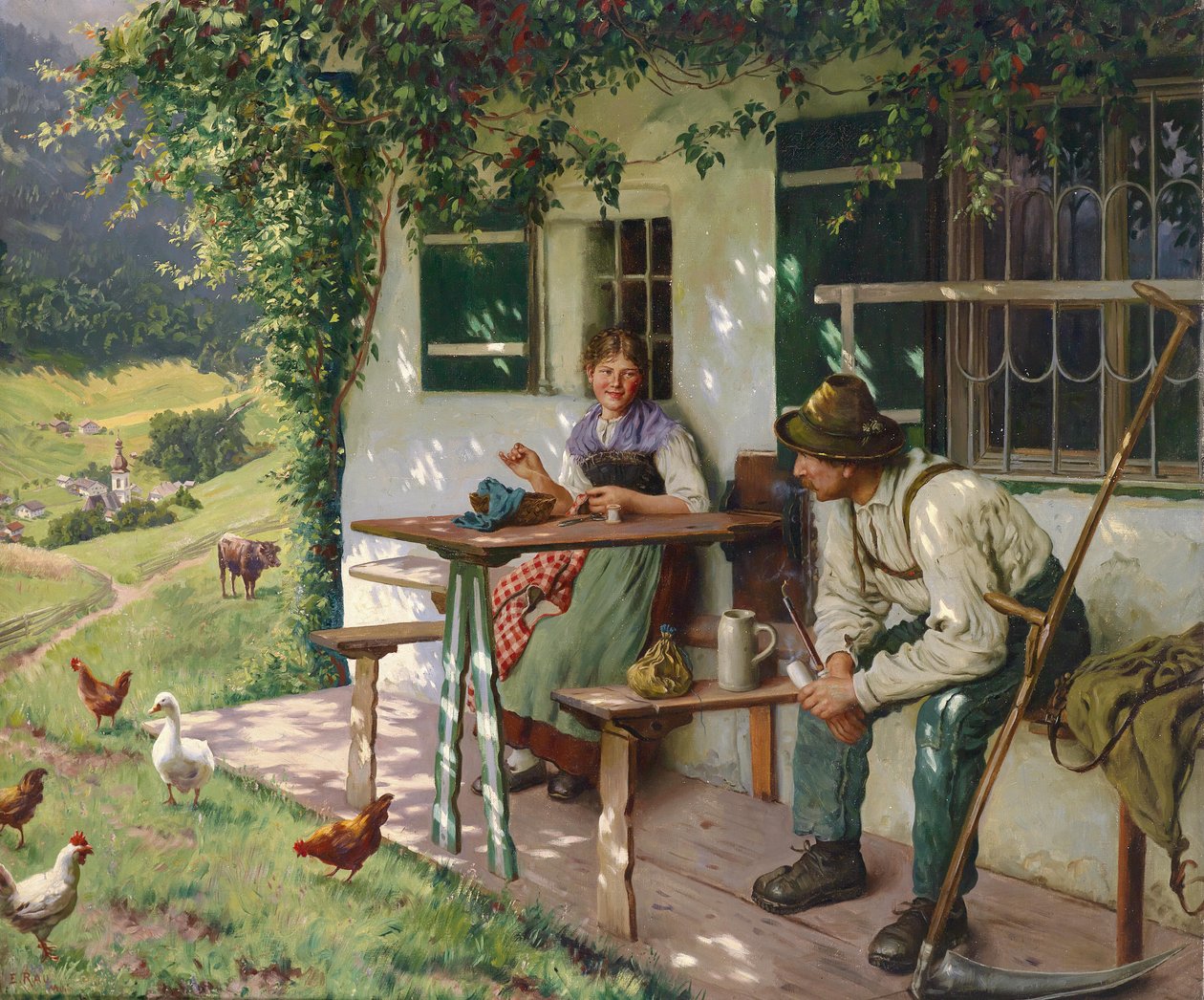 Jeune couple devant une ferme en Haute-Bavière, signé E. Rau, Munich - Emil Rau