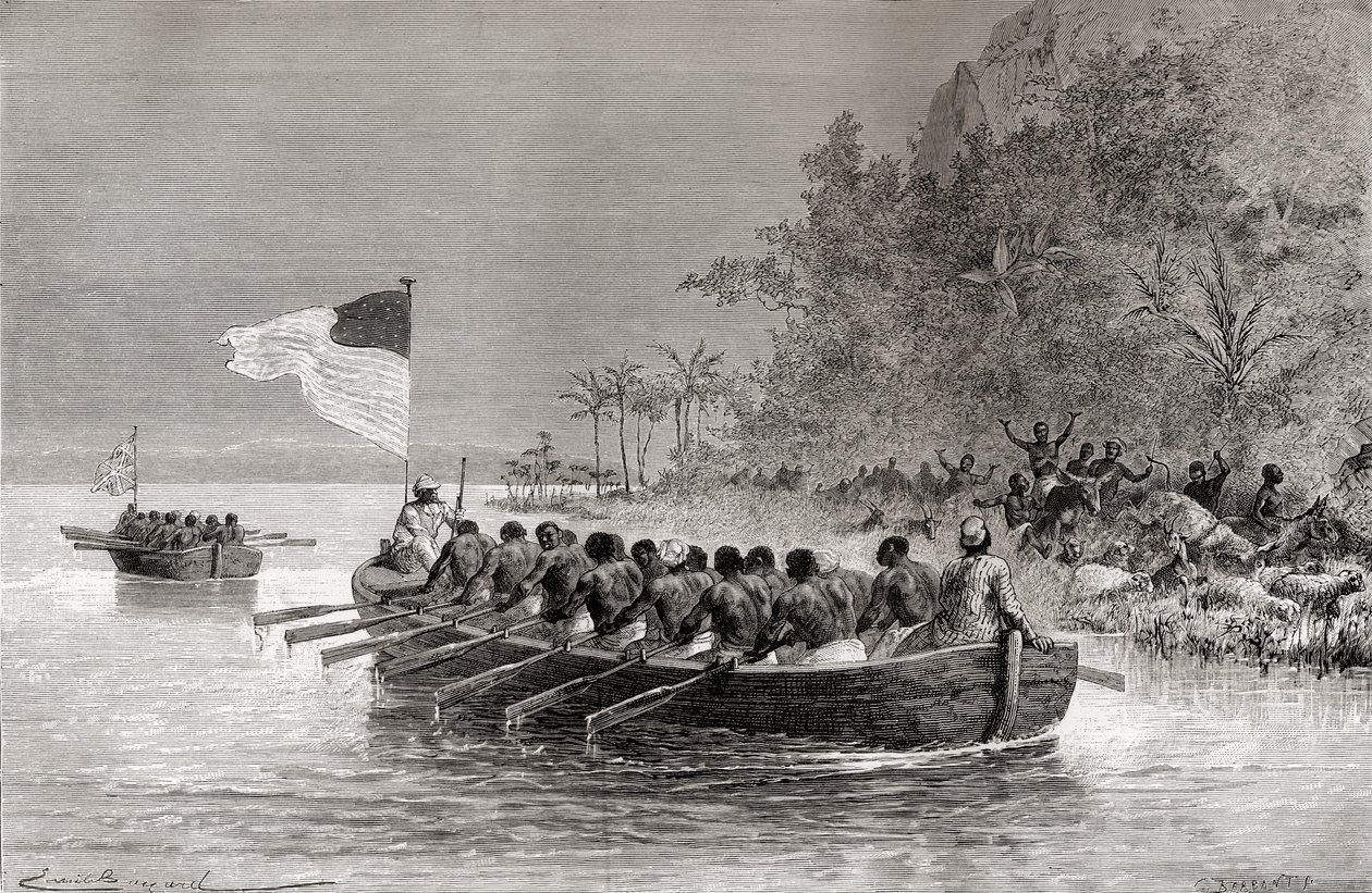 Dr. David Livingstone dans le premier bateau, arborant le drapeau anglais, et Henry Morton Stanley dans le second bateau, arborant le drapeau américain, lors de leur expédition en Afrique en 1872, illustration de 
