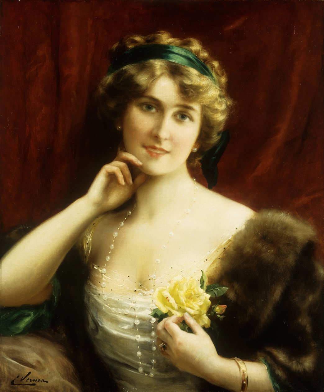 Une Dame Élégante avec une Rose Jaune - Emile Vernon
