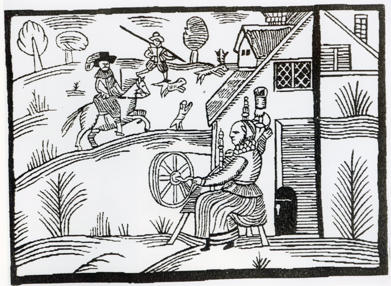 Scène de campagne avec une femme filant et deux hommes chassant un cerf - English School