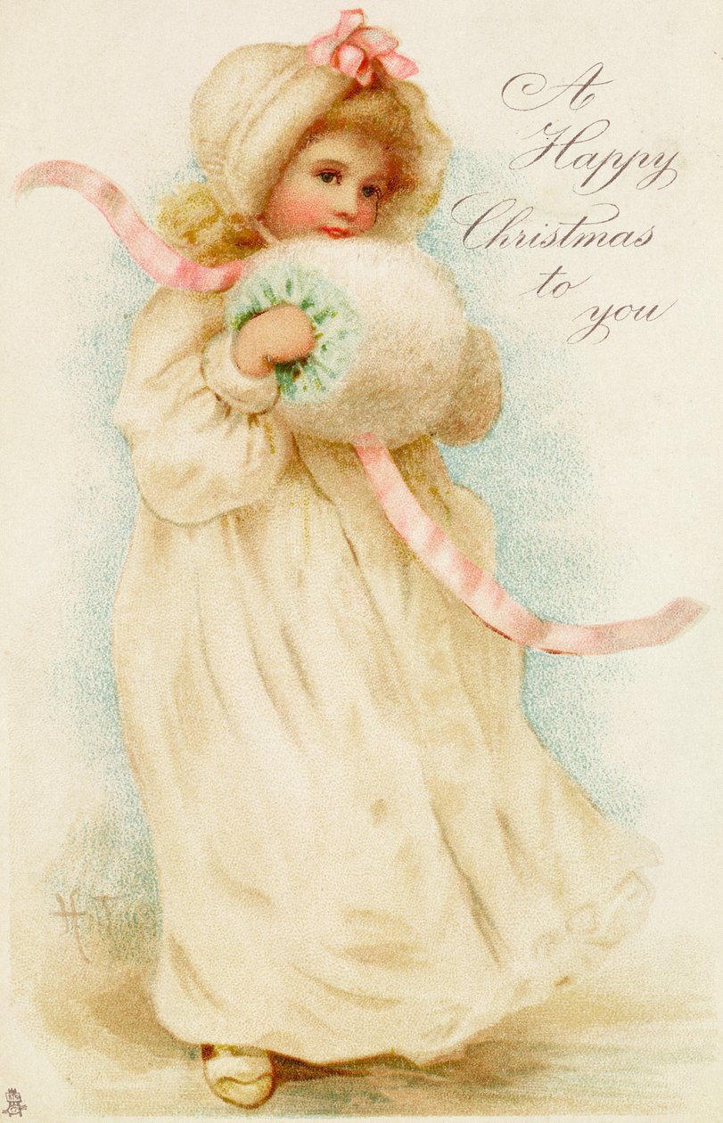 Carte de Noël représentant une fille avec un manchon - English School
