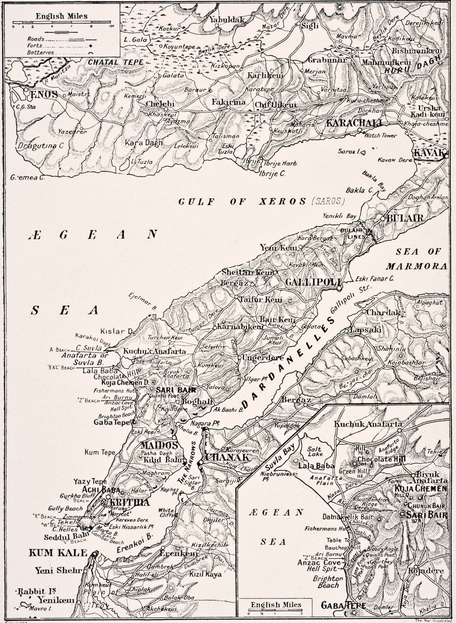 Carte détaillée de la péninsule de Gallipoli et des Dardanelles, Turquie, 1915, de 