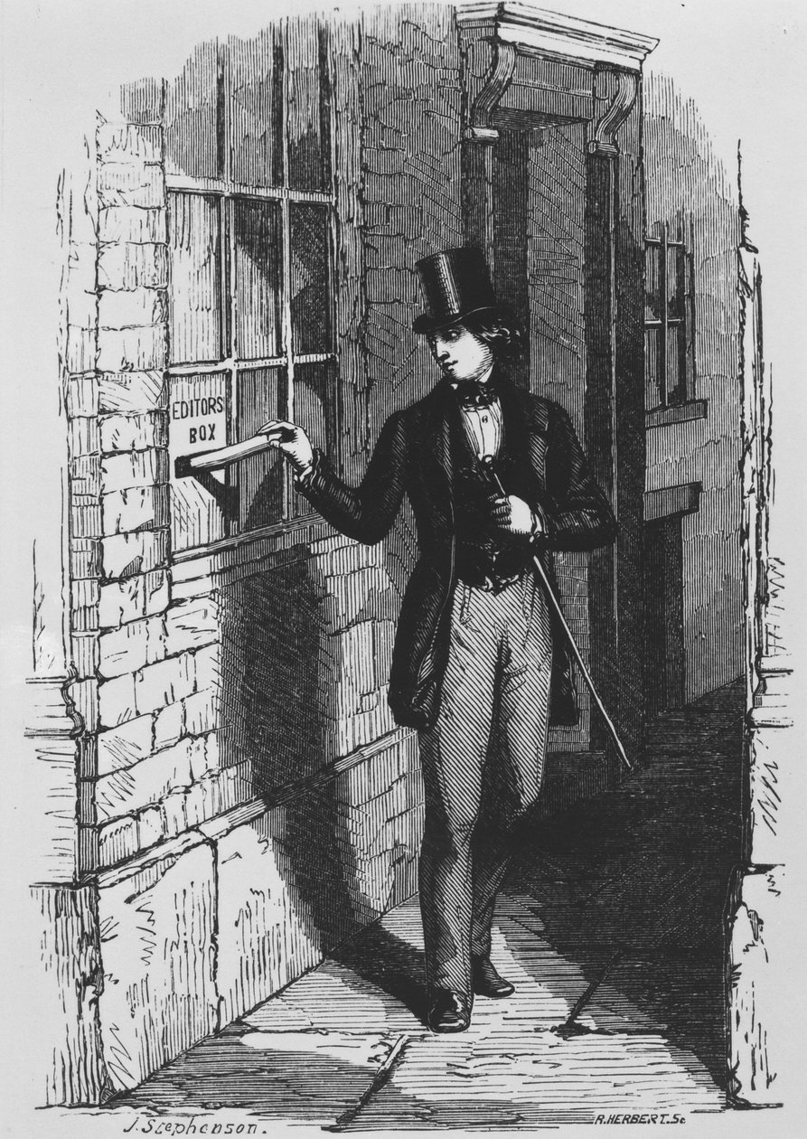 Dickens déposant sa première contribution littéraire dans la boîte de l