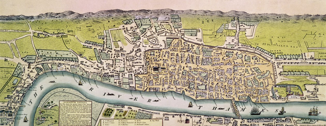 Londinium Antiqua, carte de Londres, pub. par William Darton, 1563 - English School