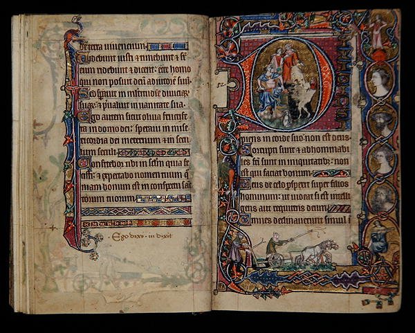 Ms 1-2005, ff.76v-77r: David et le Fou, initiale historiée du Psautier de Macclesfield, Usage de Sarum, East Anglia, c.1330 - English School