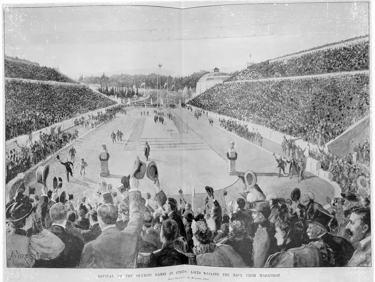 Renaissance des Jeux Olympiques à Athènes : Loues remportant la course de Marathon, 10 avril 1896 - English School