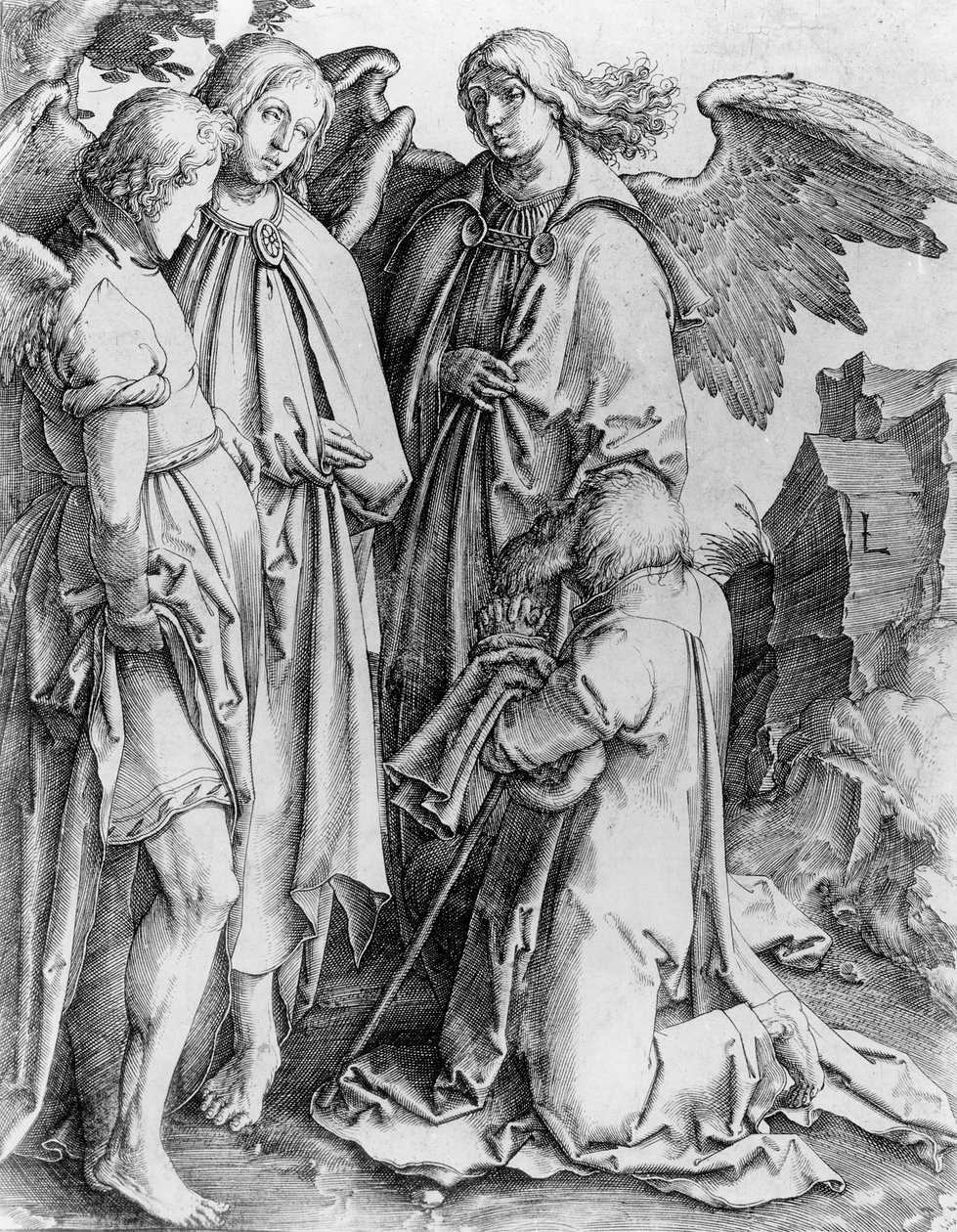 Saint agenouillé devant des anges - English School