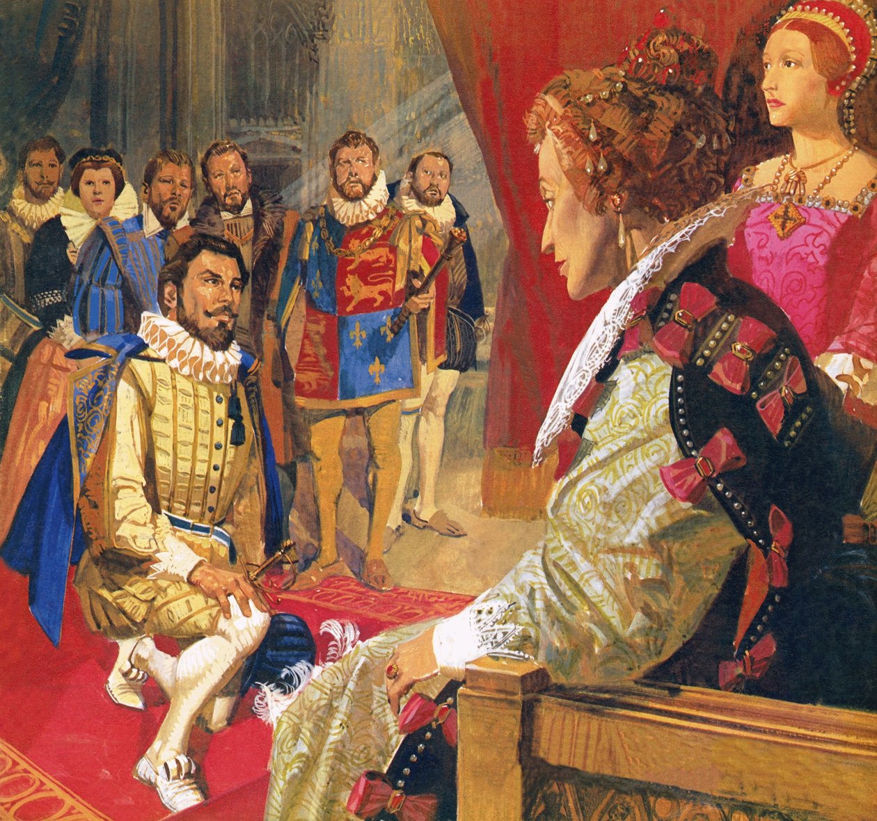 Sir Walter Raleigh devant la Reine Élisabeth - English School