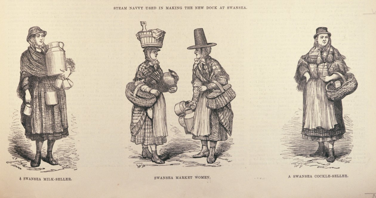 Vendeuse de lait de Swansea, femme du marché de Swansea et vendeuse de coques de Swansea, de 