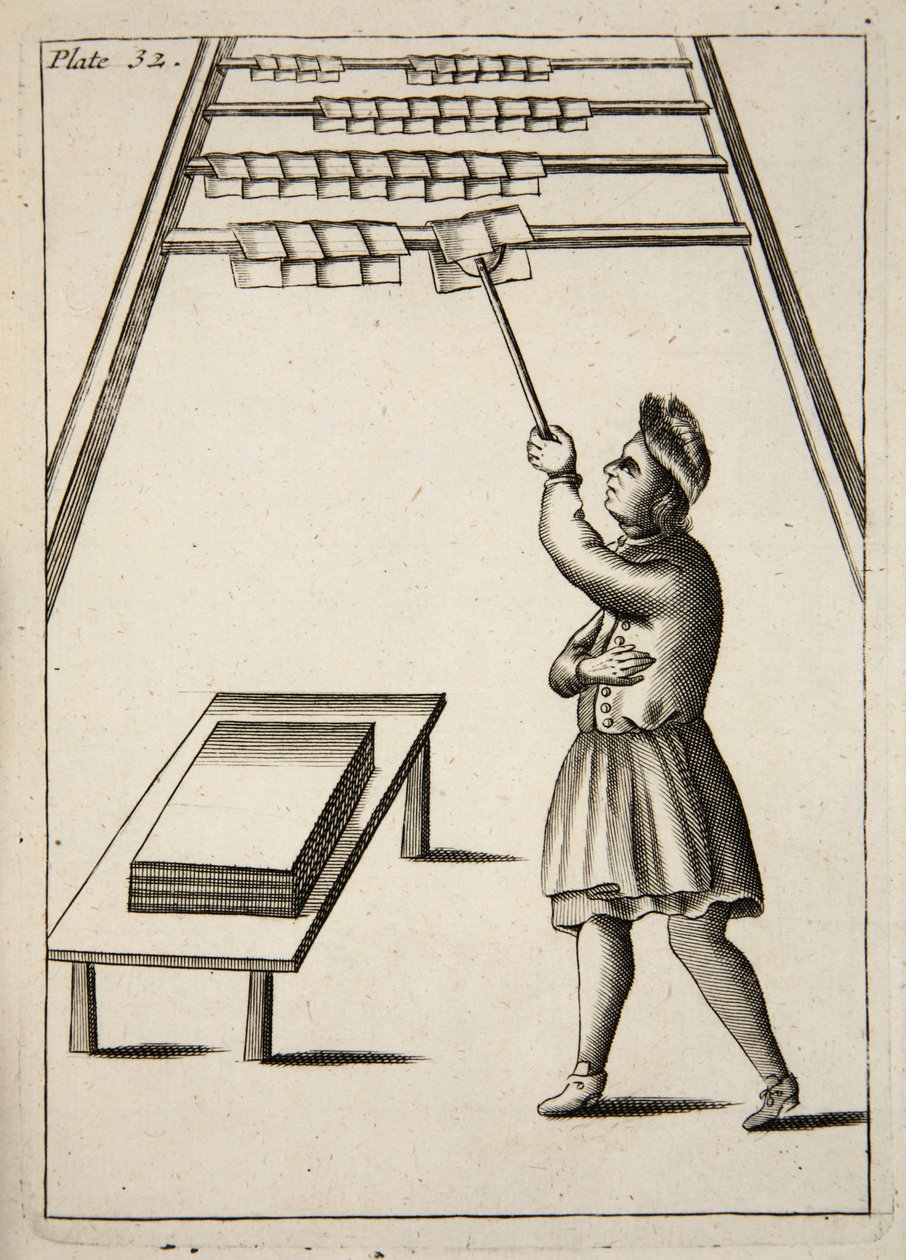 Le pressier suspendant du papier, Mechanick Exercises: or The Doctrine of Handy-Works applied to the Art of Printing, pub. 1683 - English School