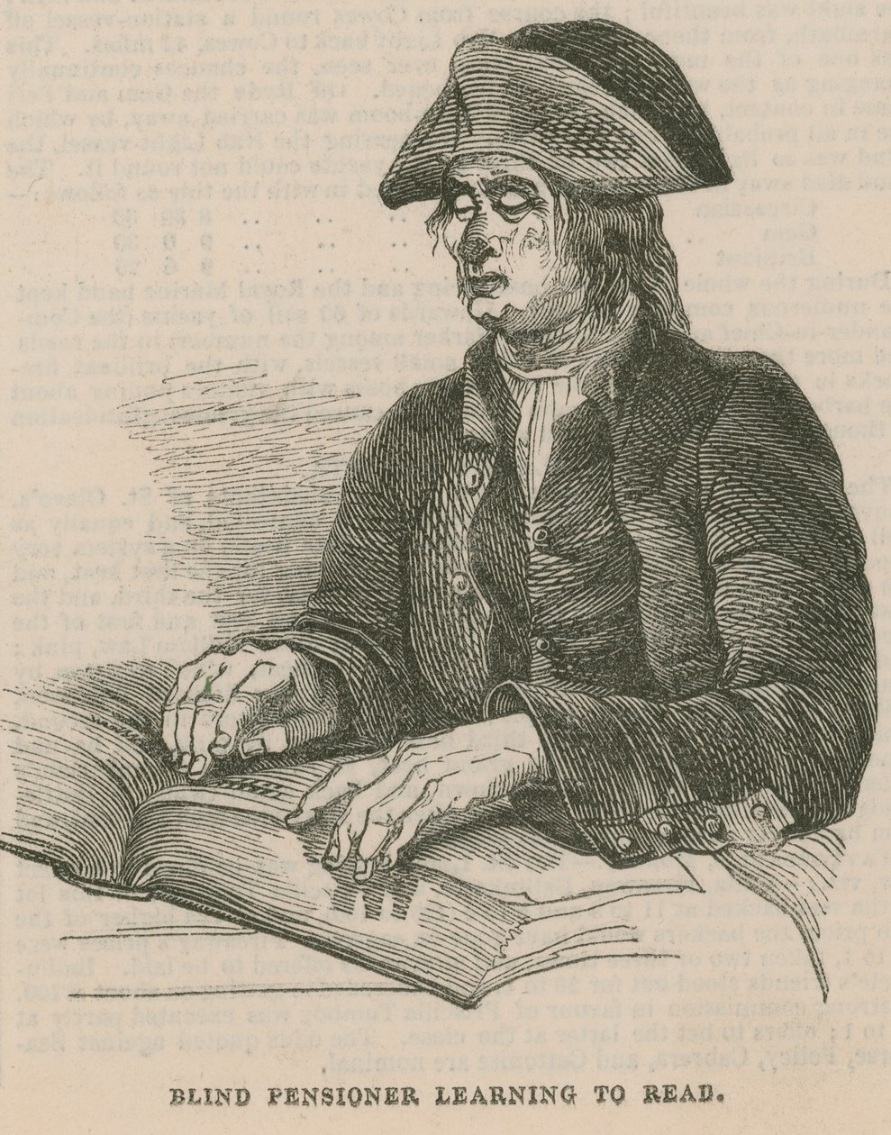 Retraité aveugle apprenant à lire (gravure) - English School