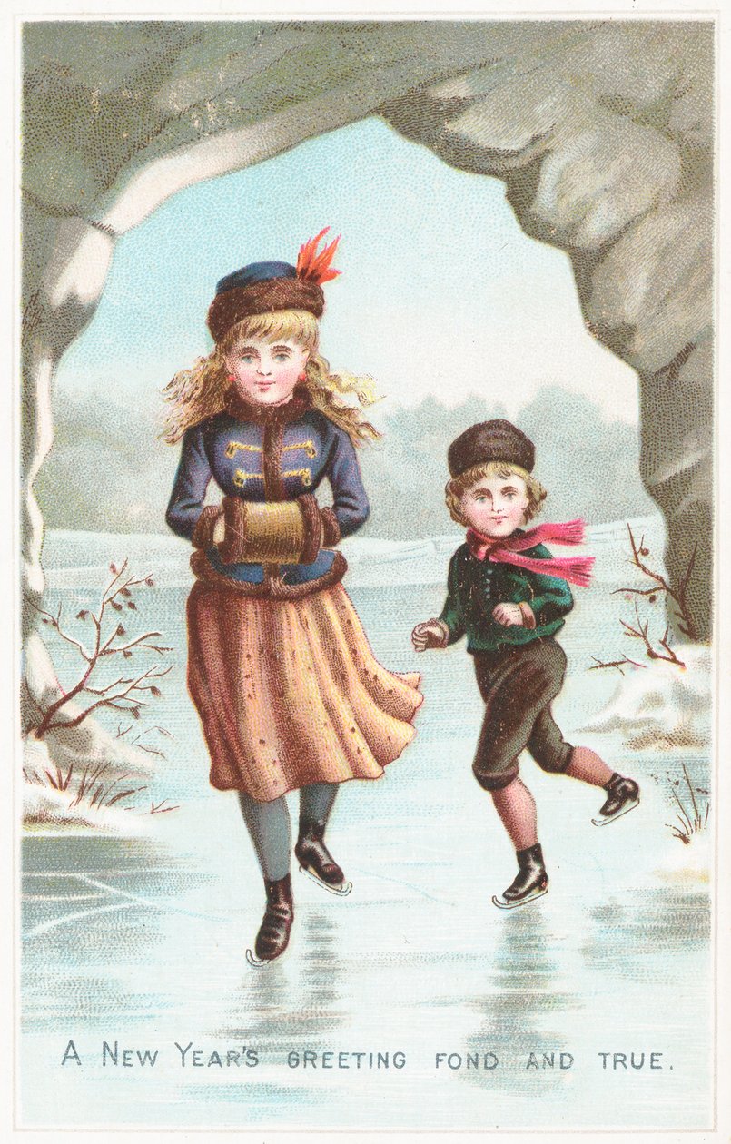 Garçon et fille patinant, carte de Nouvel An - English School