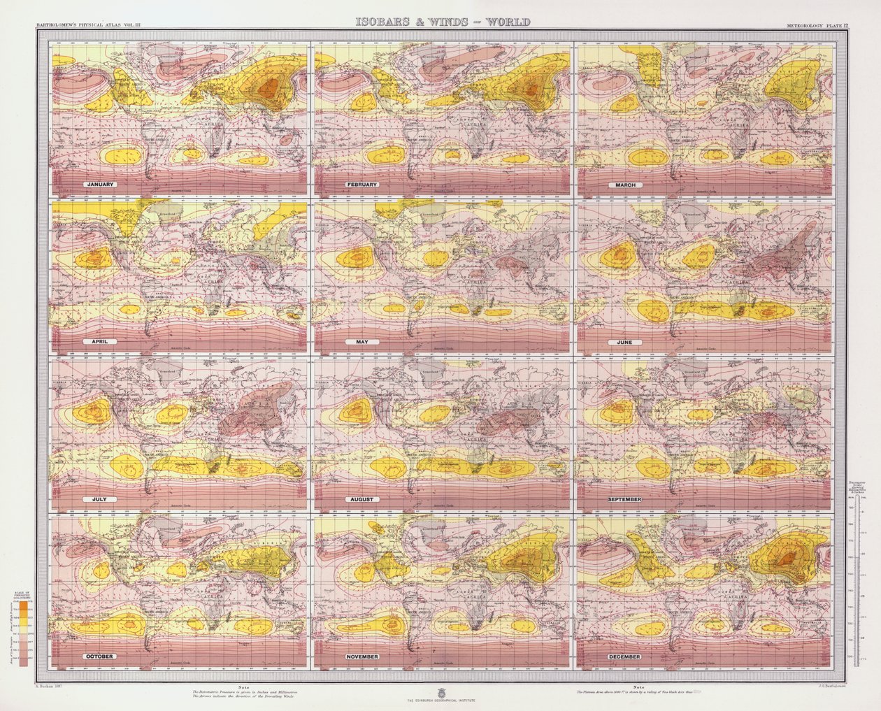 Isobares et vents, Monde (lithographie en couleur) - English School