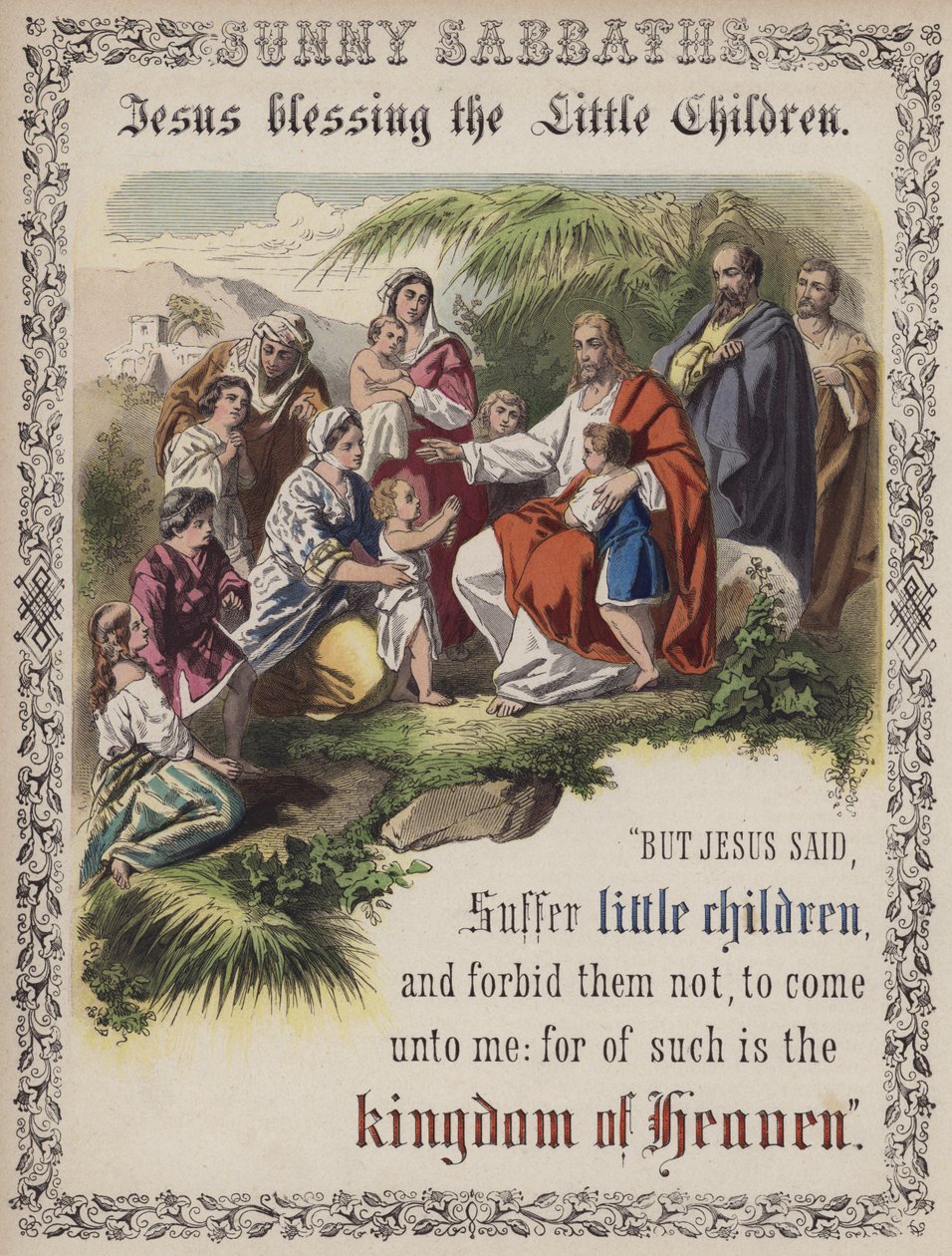 Jésus bénissant les petits enfants (gravure en couleur) - English School