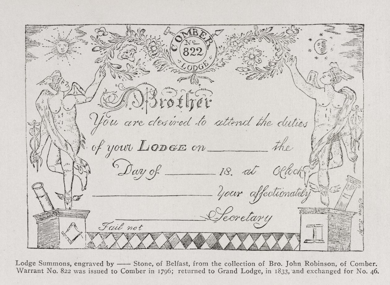 Convocation de la loge maçonnique, datée de 1796 - English School