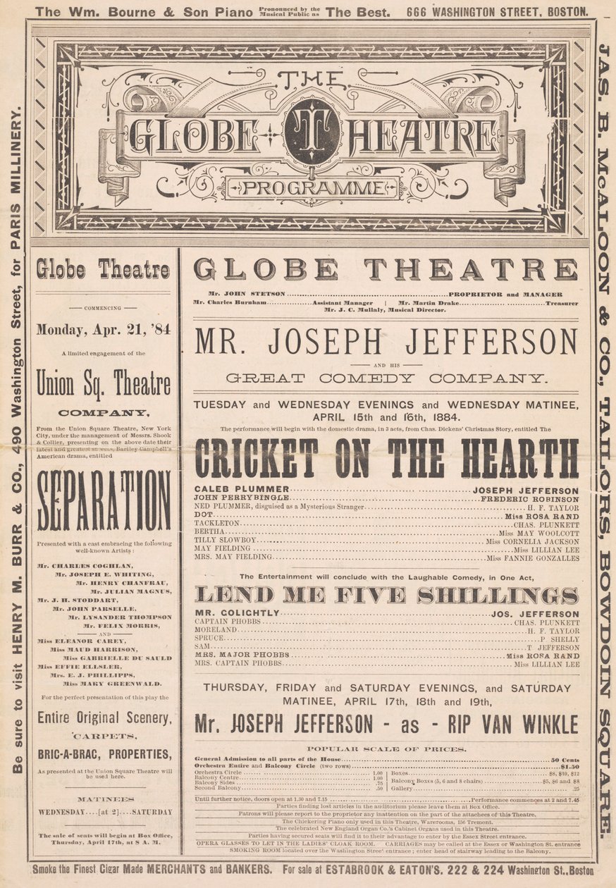 Programme du Globe Theatre, 21 avril 1884 - English School