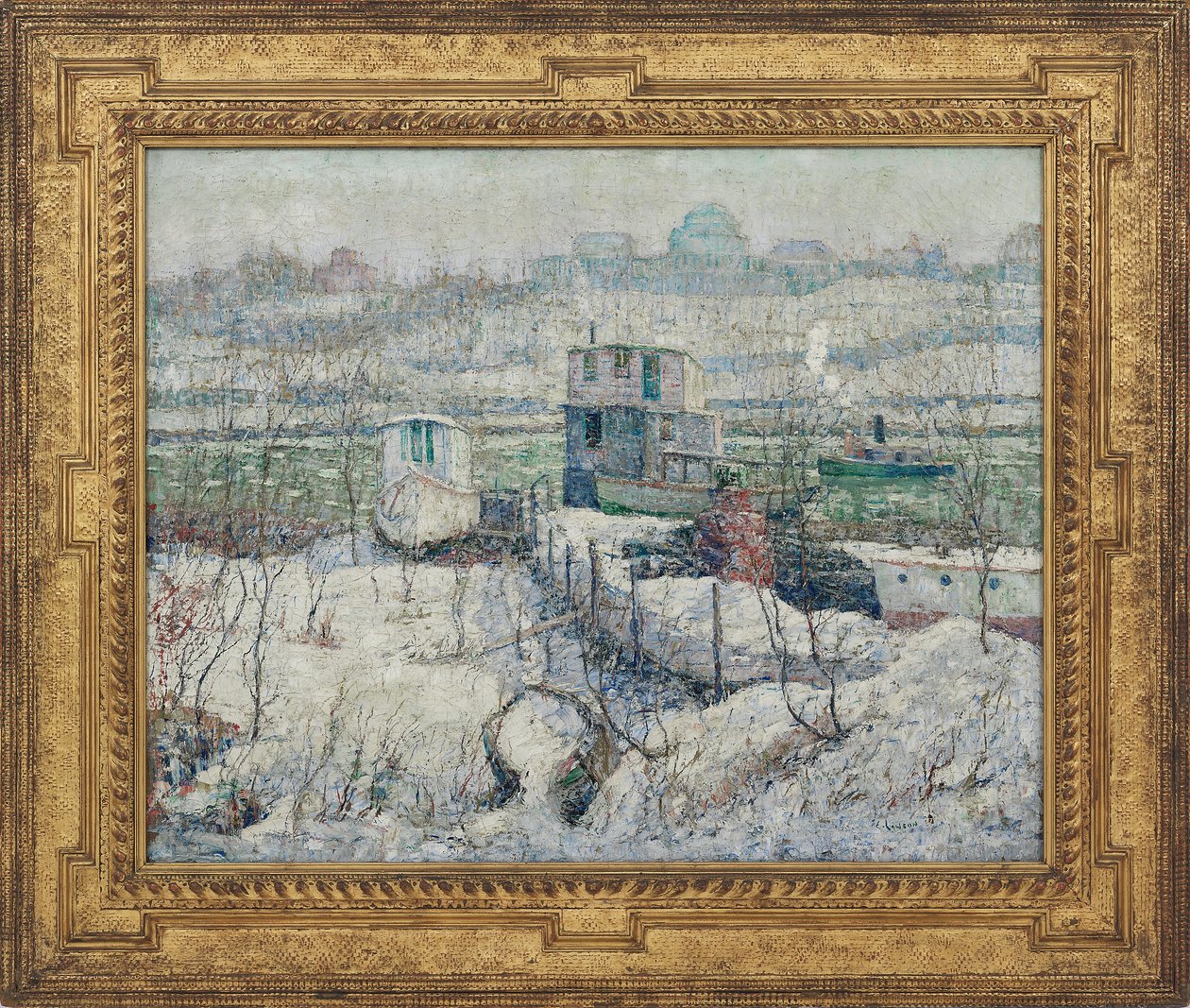 Hangar à bateaux, hiver, Harlem River, vers 1916 - Ernest Lawson