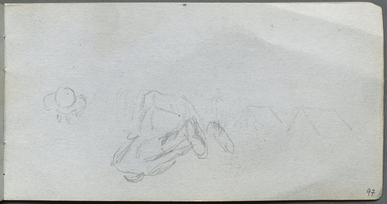 Carnet de croquis, page 97 : Étude de figures, bâtiments - Ernest Meissonier
