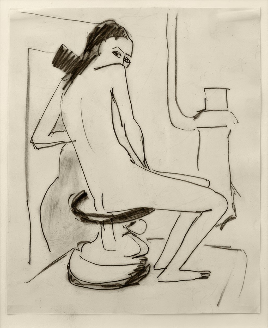Sans titre (Marcella sur un tabouret africain sculpté avec un poêle) - Ernst Ludwig Kirchner