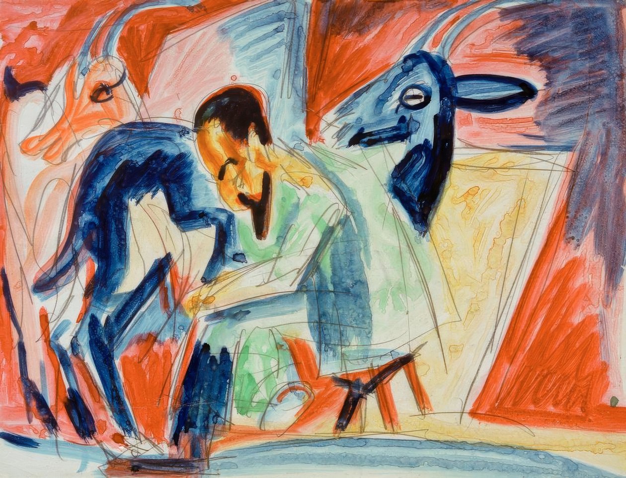 Paysans trayant (Traite des chèvres) - Ernst Ludwig Kirchner