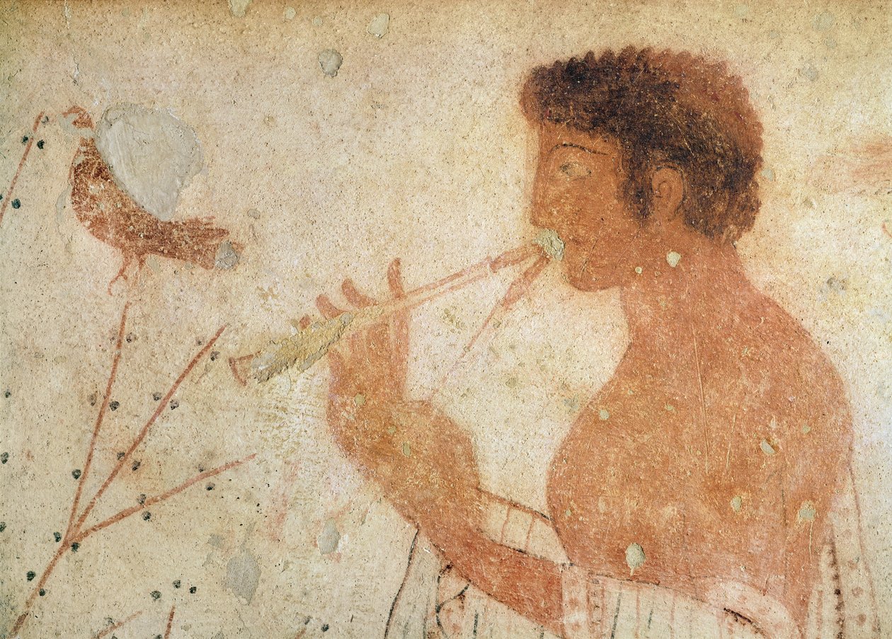 (détail) Musicien jouant de la double flûte, de la tombe du triclinium, vers 470 av. J.-C. - Etruscan