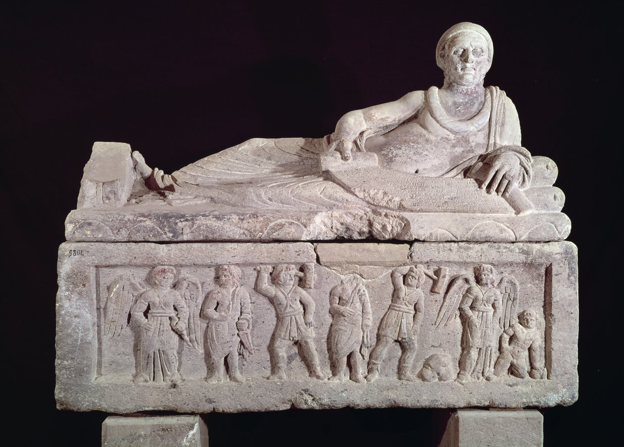 Sarcophage du magistrat Laris Pulena avec un parchemin déroulé devant lui, fin du 3ème siècle avant J.-C. (terre cuite) - Etruscan