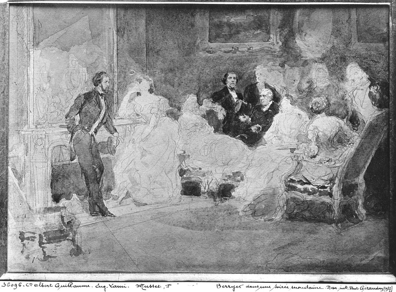 Alfred de Musset (1810-57) Eugène Delacroix (1798-1863) et Pierre Antoine Berryer (1790-1868) à une soirée mondaine, vers 1840 - Eugene Louis Lami