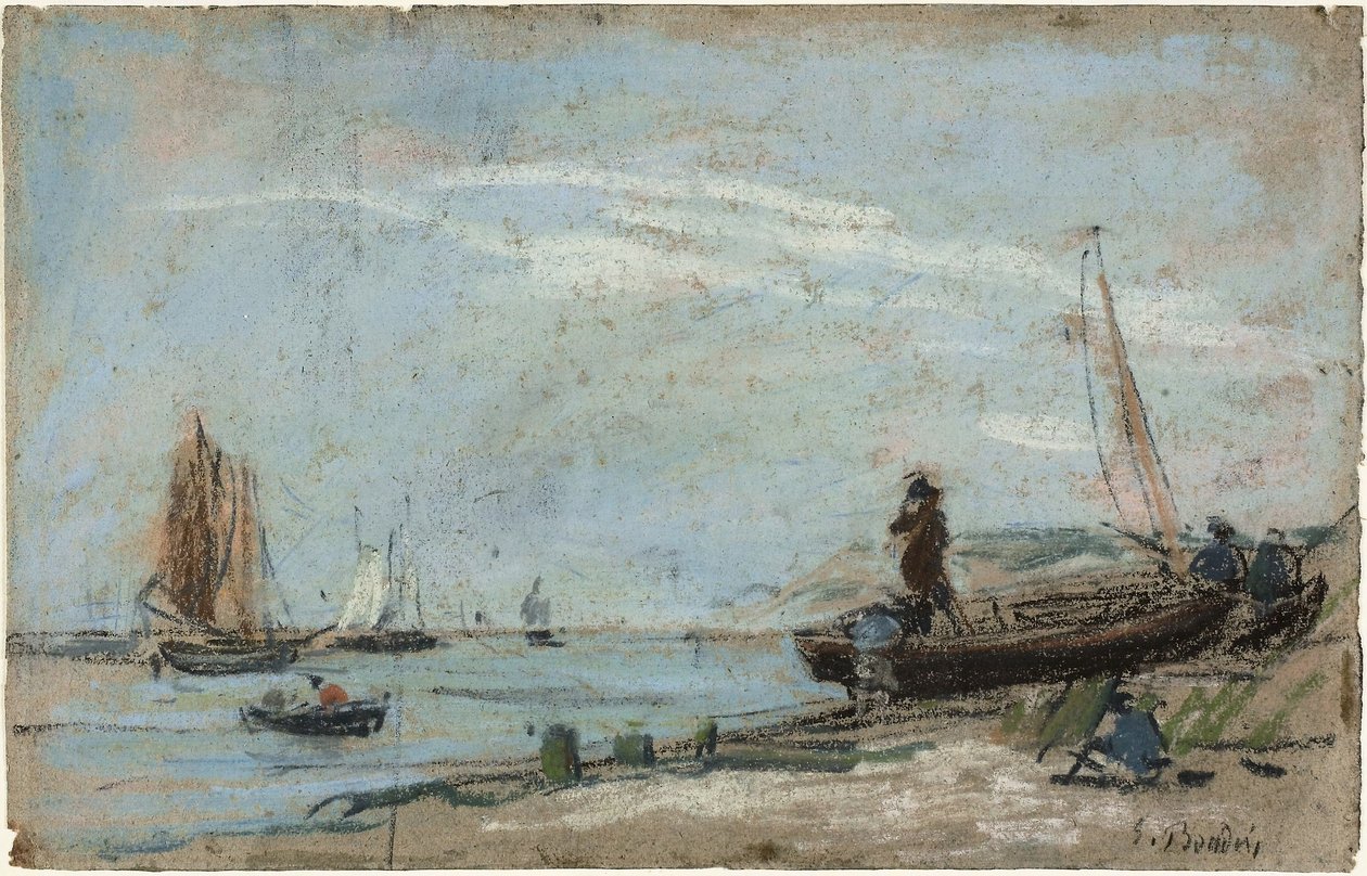 Plage avec bateaux de pêche et charbon - Eugene Louis Boudin