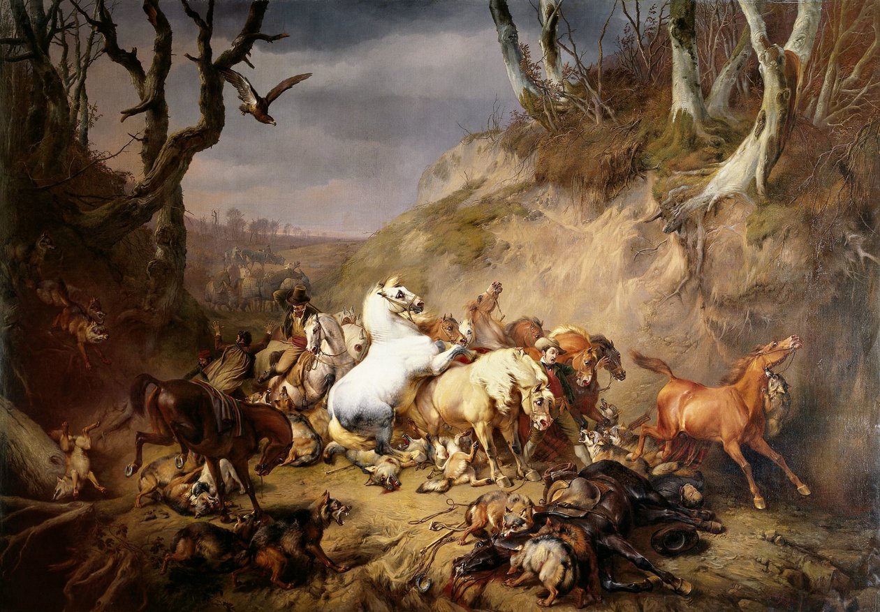 Loups affamés attaquant un groupe de cavaliers - Eugène Verboeckhoven