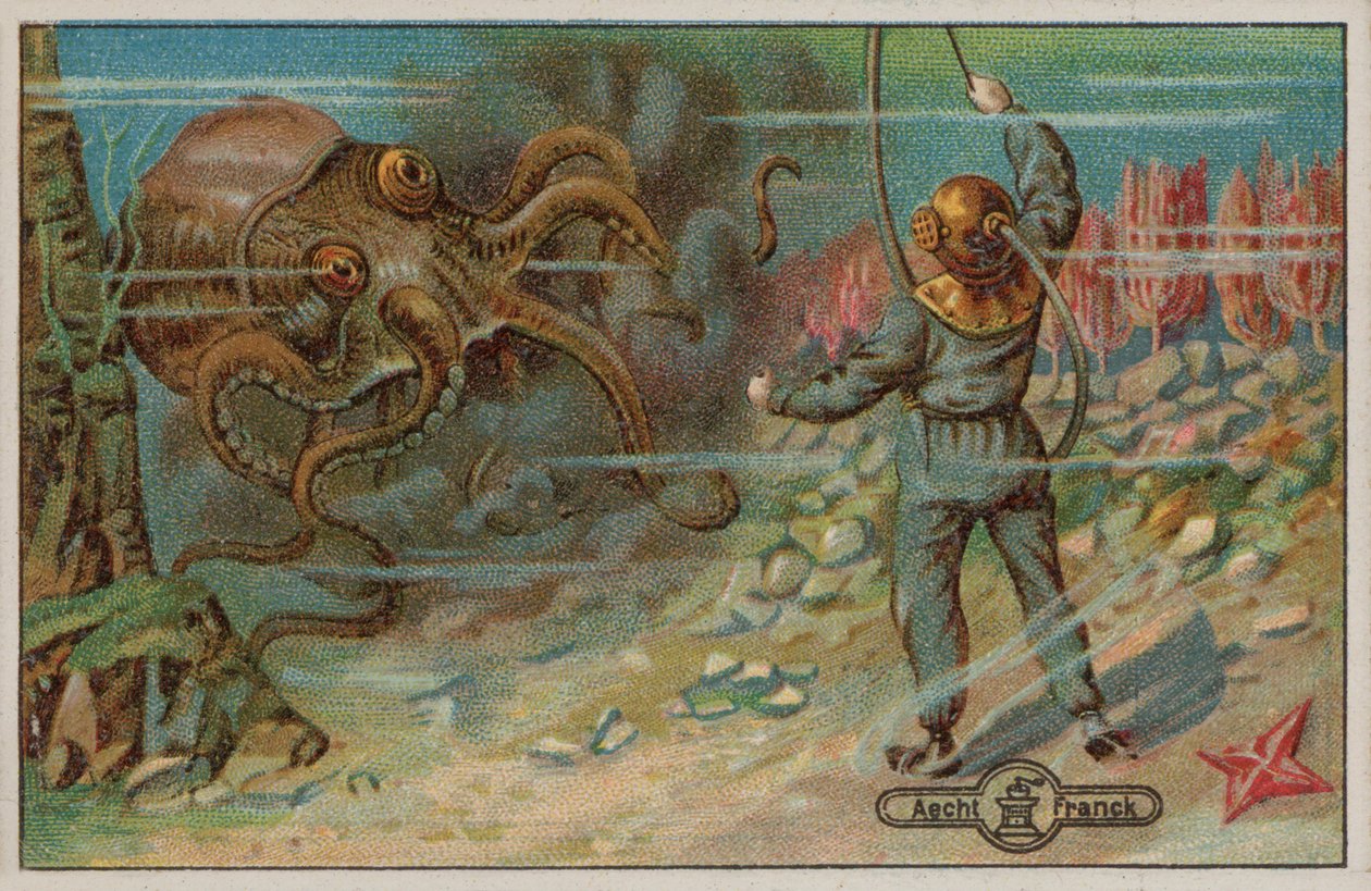 Un plongeur menacé par une pieuvre (chromolitho) - European School