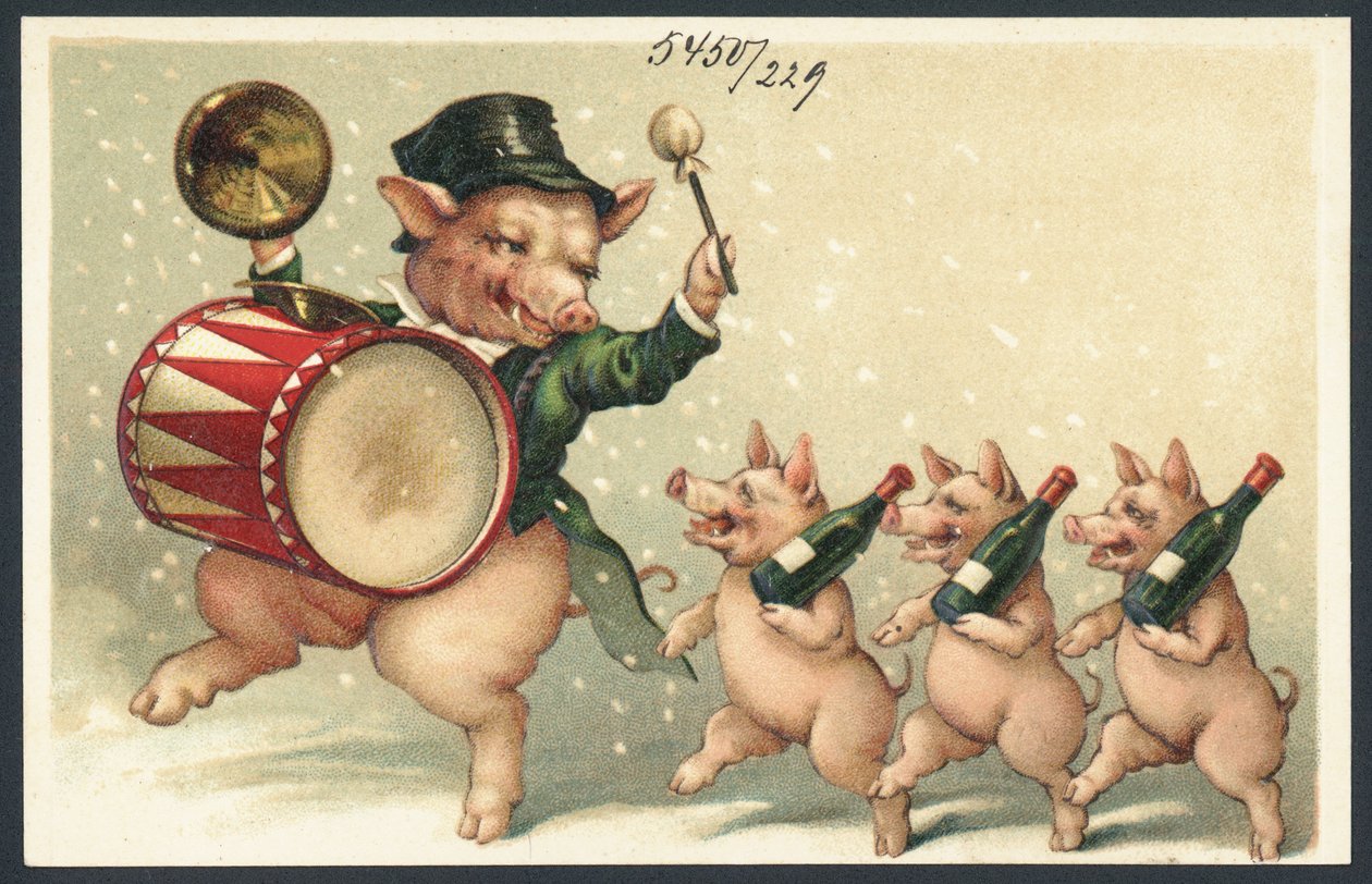 Cochons en fête (lithographie couleur) - European School