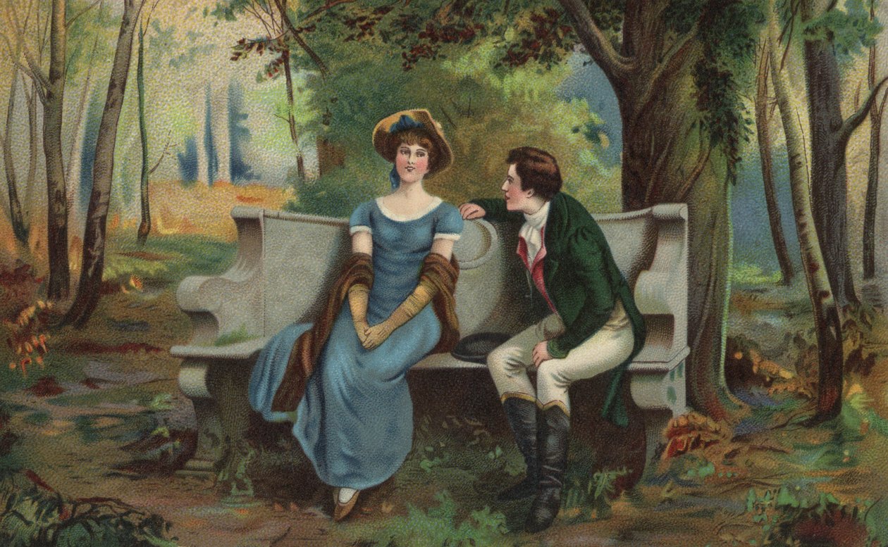 Couple sur un banc (lithographie couleur) - European School
