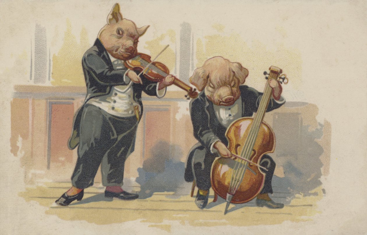 Deux cochons jouant des instruments de musique (lithographie couleur) - European School