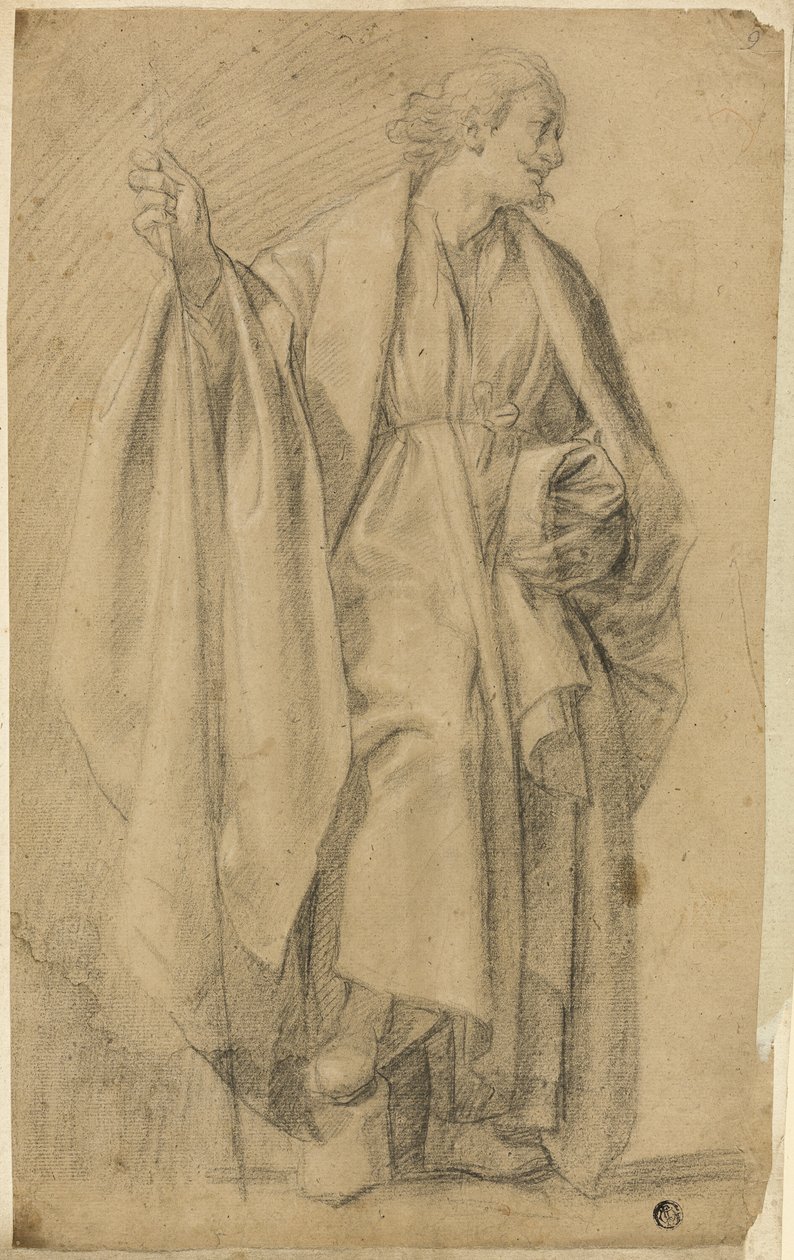 Figure masculine drapée debout, tenant un bâton - Eustache Le Sueur