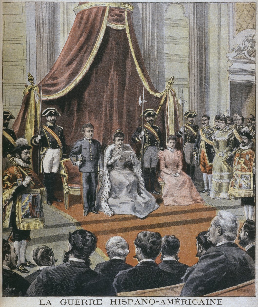 Guerre hispano-américaine en Espagne, la Reine lisant son message aux Cortes, Madrid, illustration de 