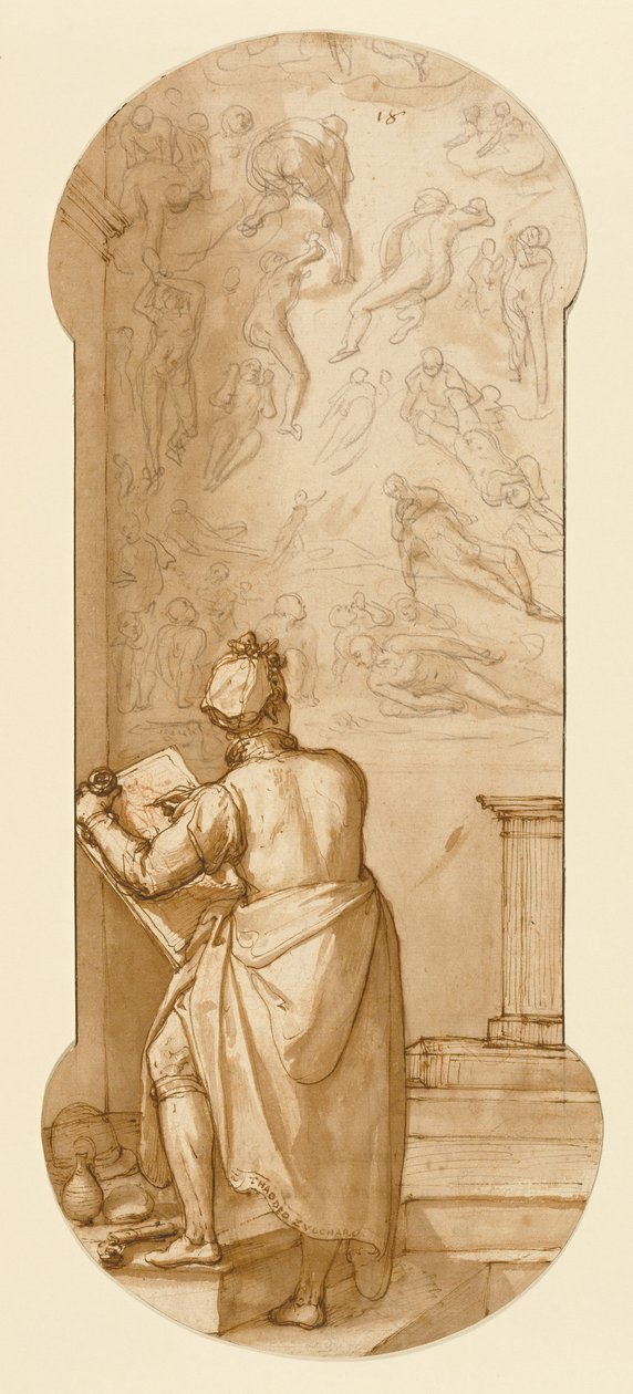 Taddeo dans la Chapelle Sixtine dessinant le Jugement Dernier de Michel-Ange - Federico Zuccaro