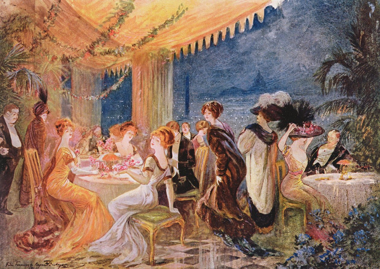 Une soirée dans un restaurant parisien, publicité pour Le Fourreur Revillon dans Le Figaro Illustré, 1910 - Felix Fournery