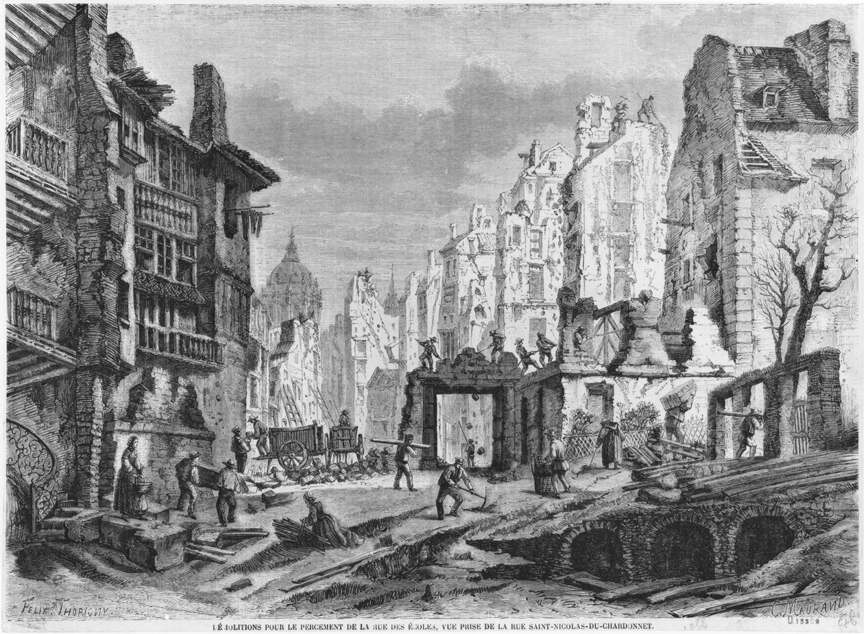 Paris, démolitions pour la construction de la rue des Écoles, vue prise de la rue Saint-Nicolas du Chardonnet, gravée par Charles Maurand (19e siècle) - Felix Thorigny